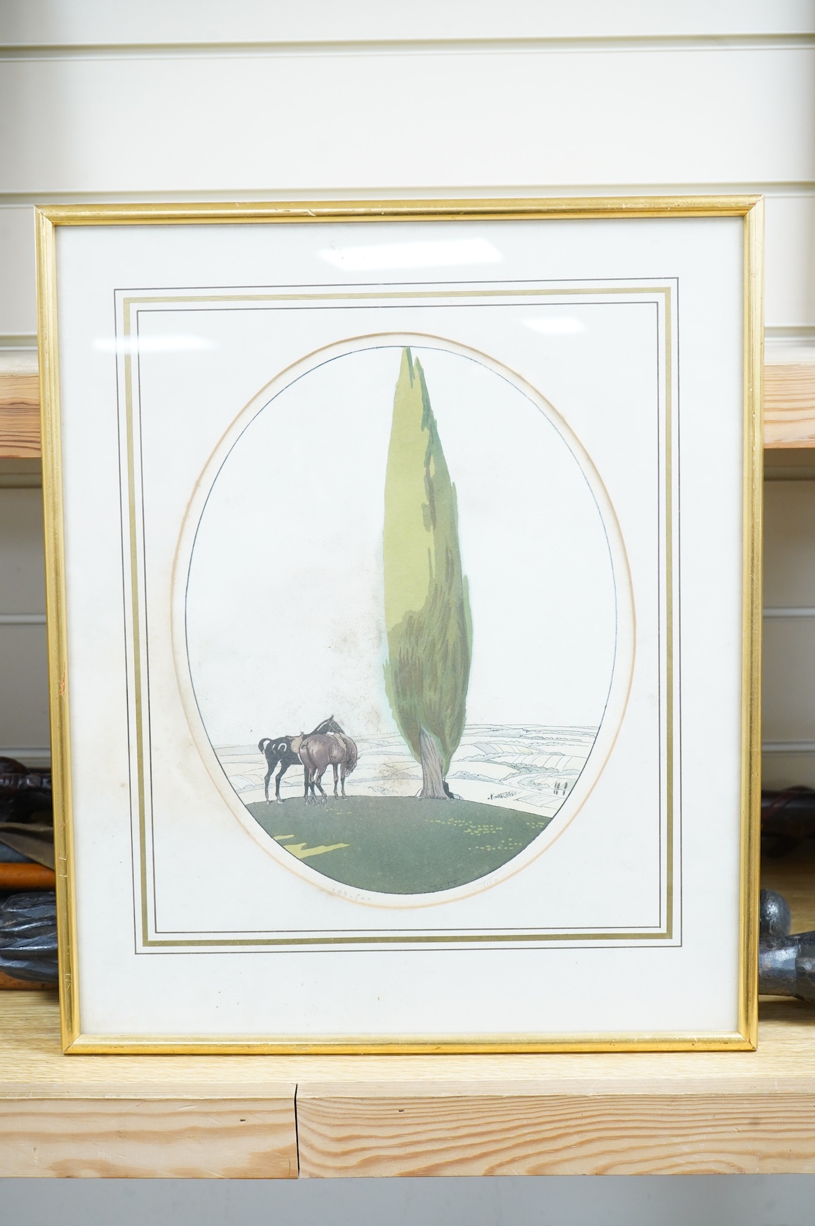 Ettore Tito (Italian, 1859-1941), Two horses beside a tree, signed in pencil, limited edition 294/500? (partially obscured by the mount), oval colour print, 30 x 24cm